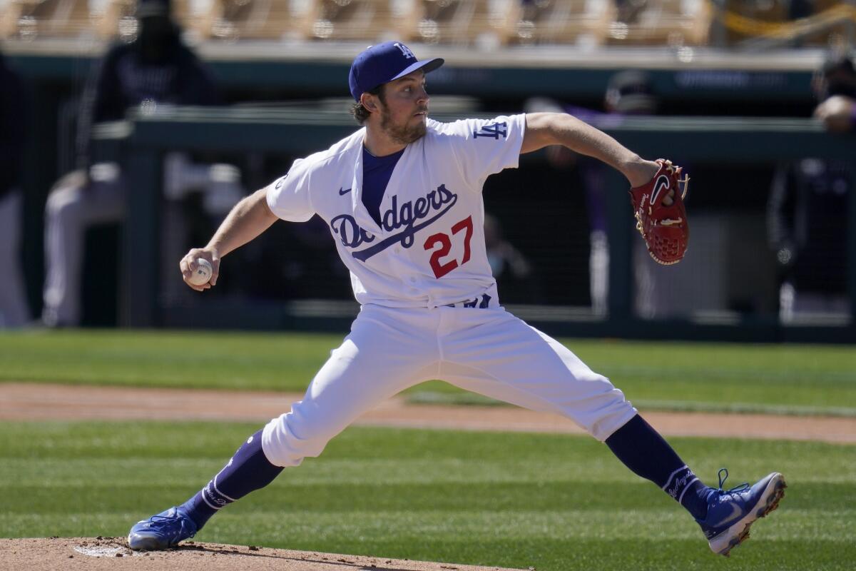 Dodgers starter Trevor Bauer pitches against the Colorado Rockies on March 1.