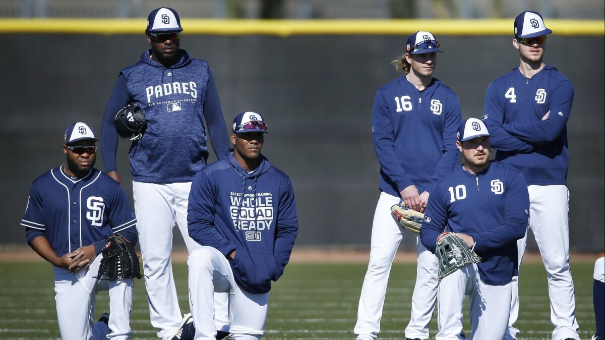 Padres outfielders (from left) Manuel Margot, Franmil Reyes, Franchy Cordero, Travis Jankowski, Hunter Renfroe and Wil Myers.