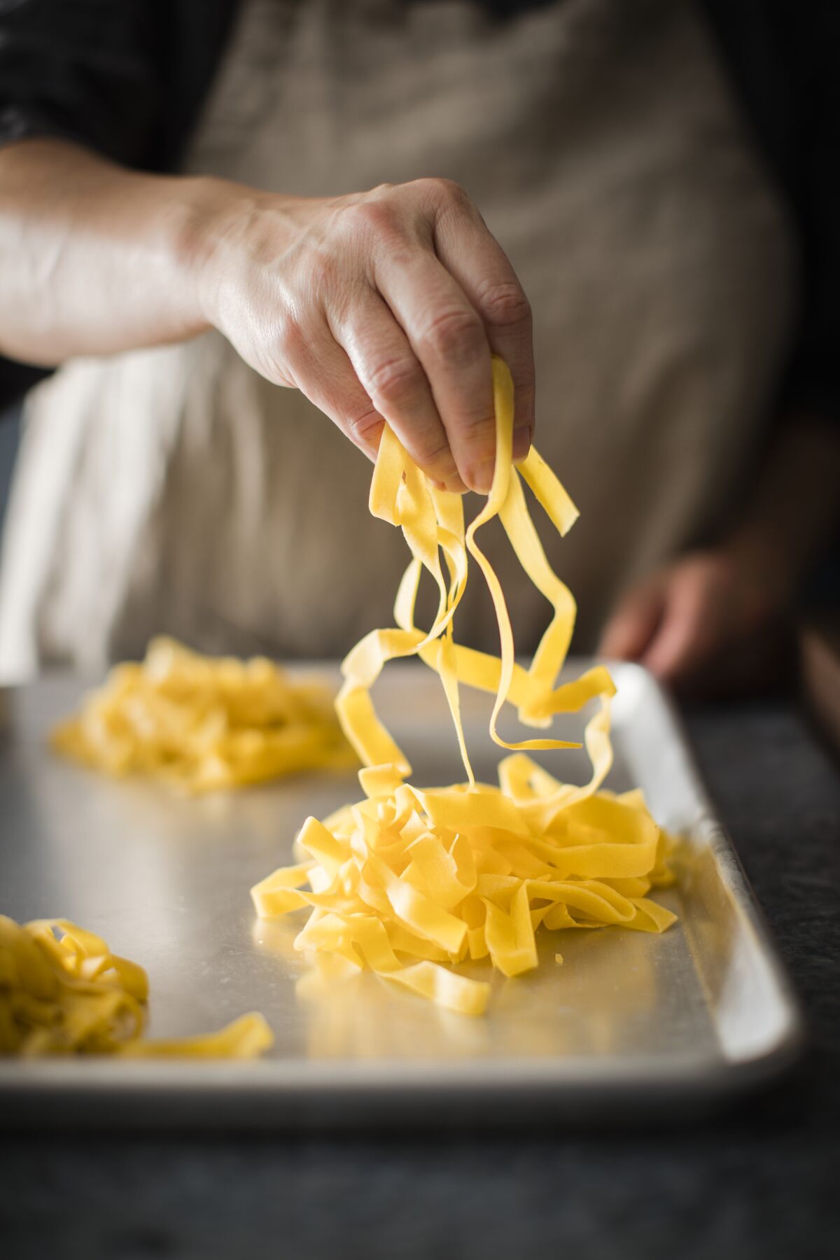 The fresh pasta strands take only about 3 minutes to cook to al dente.
