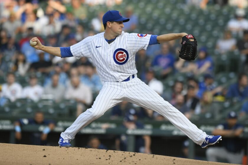 Chicago Cubs starter Kyle Hendricks delivers a pitch during the first inning of a baseball game against the Tampa Bay Rays Tuesday, May 30, 2023, in Chicago. (AP Photo/Paul Beaty)