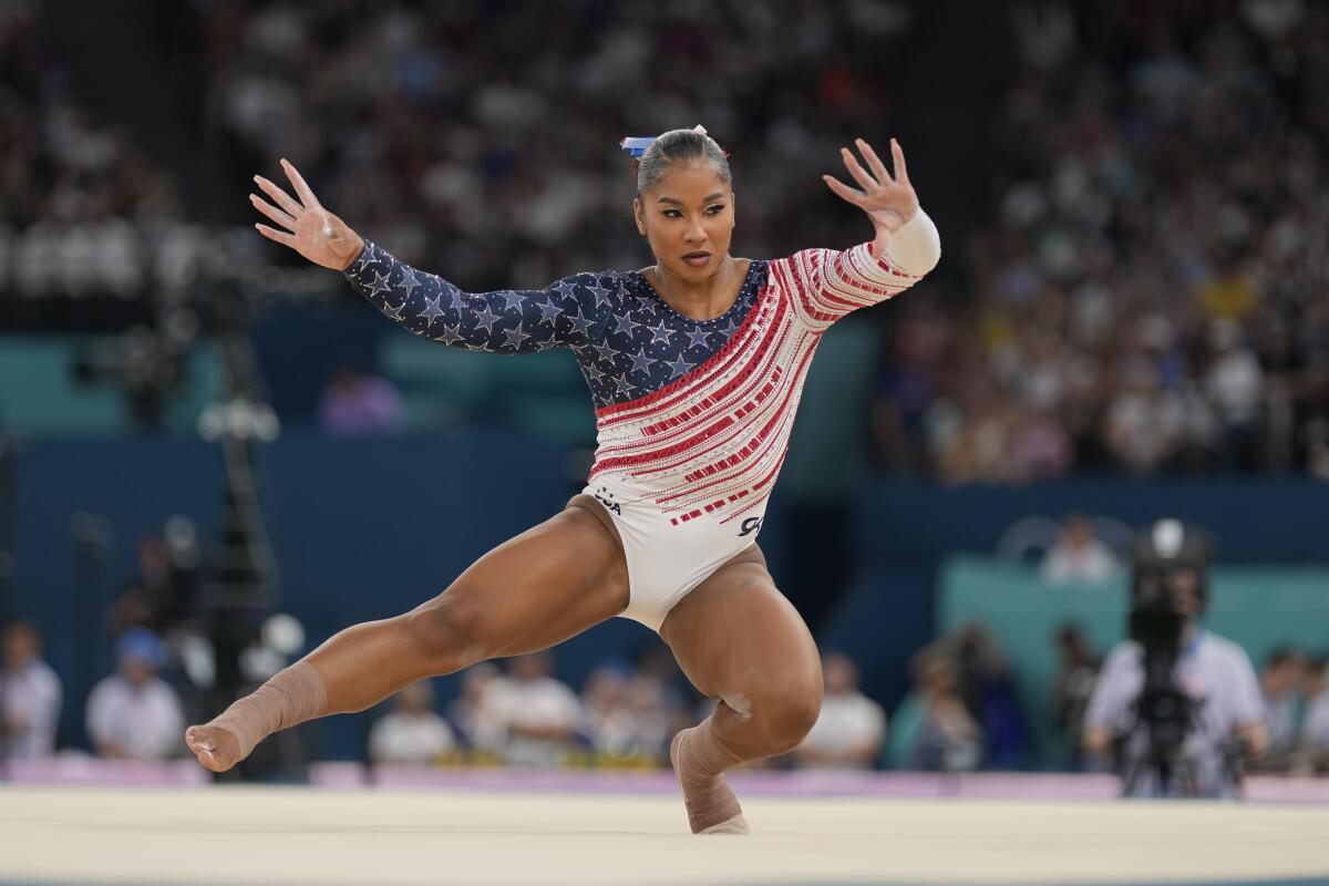 Jordan Chiles, of the United States, performs on the floor during the women's artistic gymnastics.