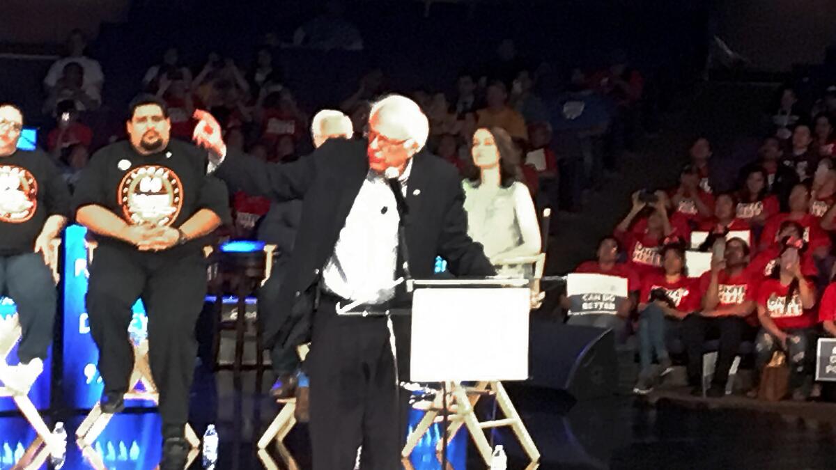 Sen. Bernie Sanders speaks Saturday at a rally in Anaheim to call for higher wages for Disneyland Resort workers.