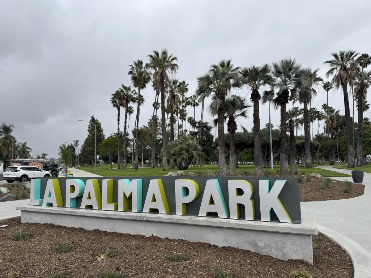 A new sign at La Palma Park off Harbor Boulevard in Anaheim