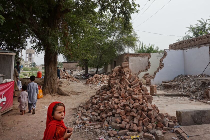 Shops demolished near Jamrud, in the tribal areas, under the collective punishment law. The shop owners were accused of selling narcotics, so the entire family's shops were destroyed.