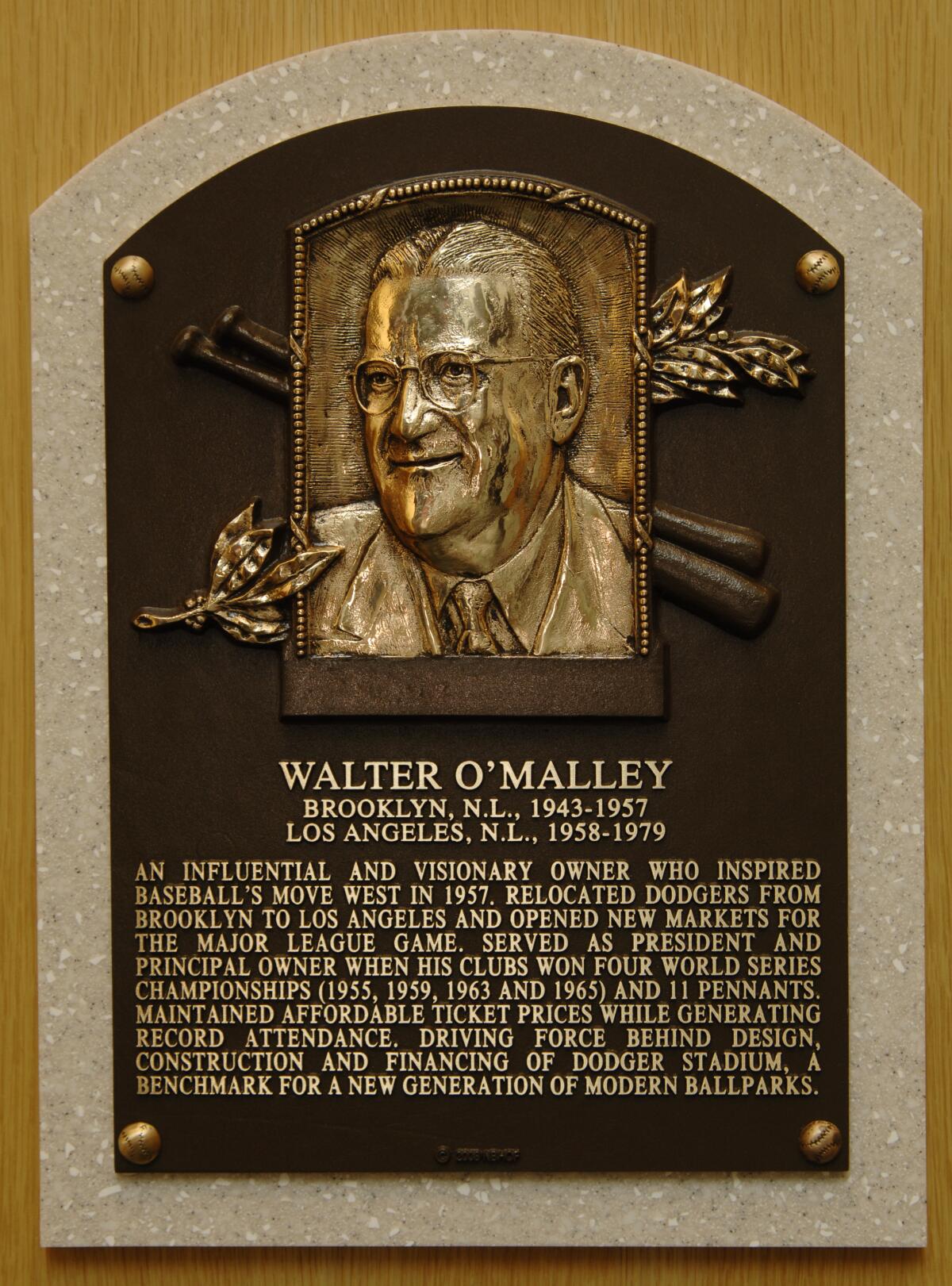 Walter O'Malley plaque at the National Baseball Hall of Fame and Museum