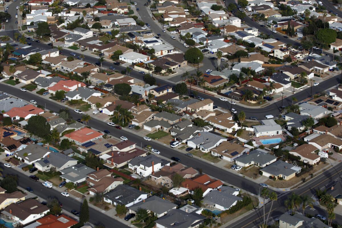 The foreclosure rate in San Diego County continues to drop. Pictured: Homes in the Clairemont area.