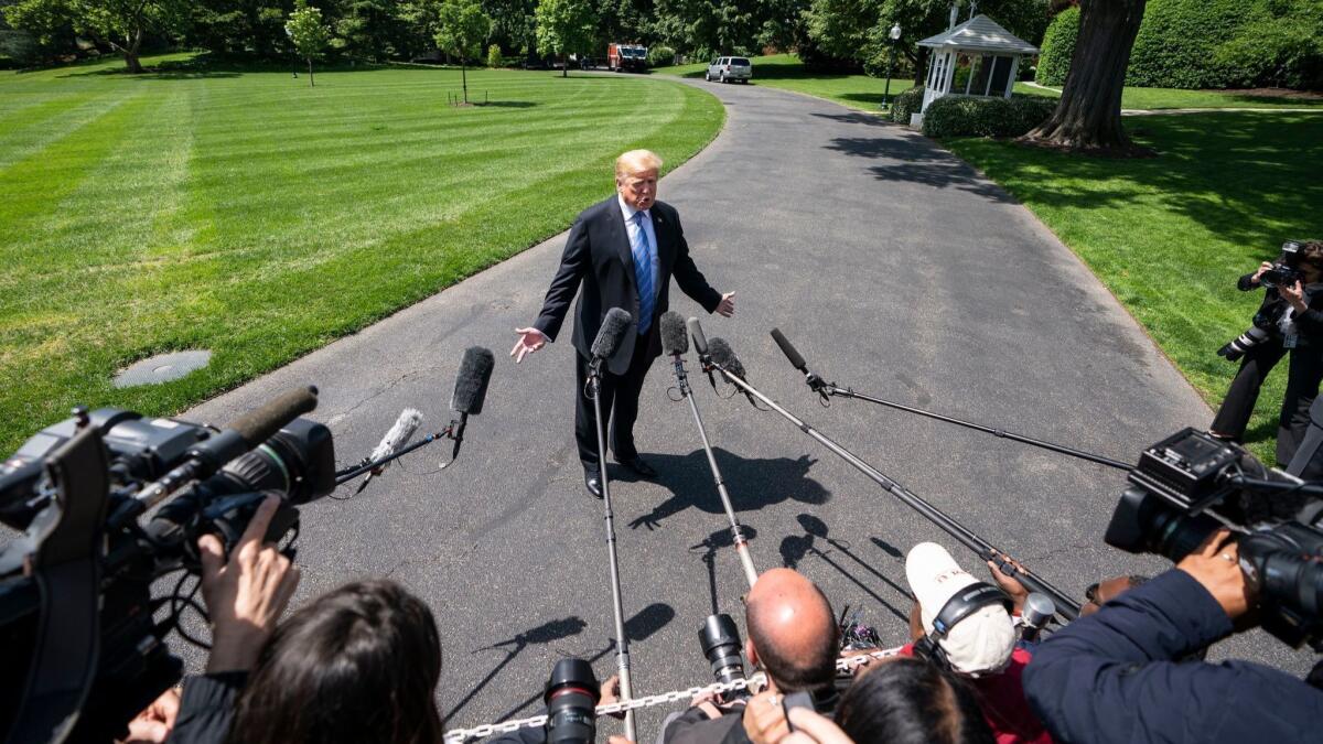 President Trump speaks to the media about the tensions with Iran in Washington on May 14.