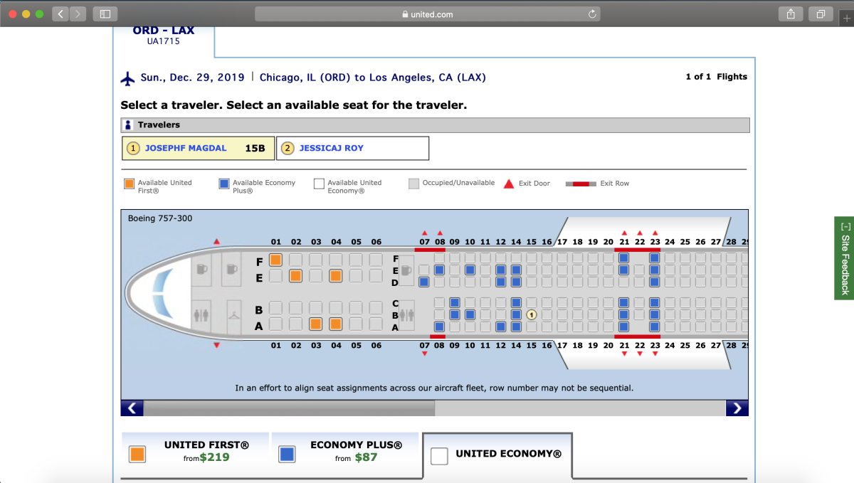What we saw when we tried to select our seats: One available in United Economy, and the rest Economy Plus or United First.