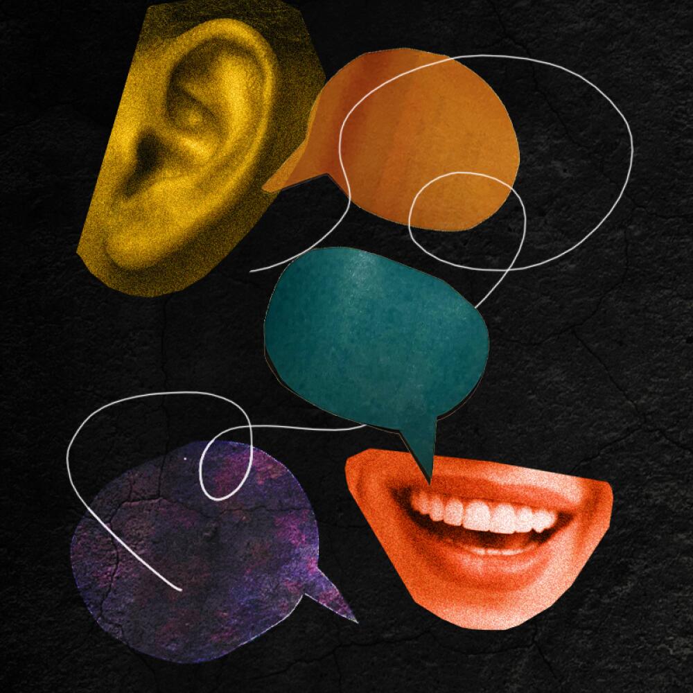 Collage of an ear, mouth and word bubbles 