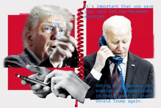 Photo illustration of Trump and Biden. Digital outlines can be seen around Trump's face and around the phone Biden is holding.