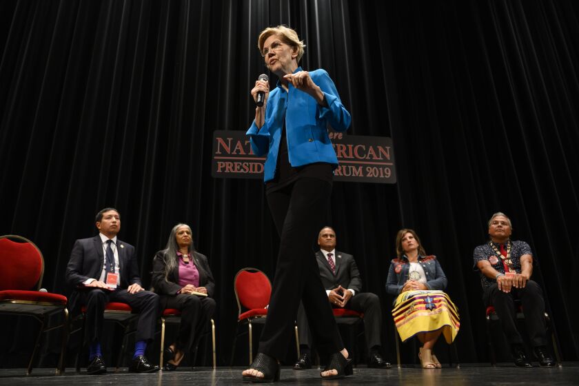 SIOUX CITY, IA - AUGUST 19: Democratic presidential candidate Sen. Elizabeth Warren (D-MA) speaks at the Frank LaMere Native American Presidential Forum on August 19, 2019 in Sioux City, Iowa. Warren was introduced by Rep. Deb Haaland (D-NM) who she has co-sponsored legislation with to help the Native American community. (Photo by Stephen Maturen/Getty Images)