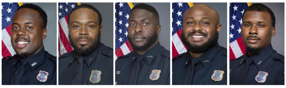 A long horizontal image composed of five official police portraits of officers. 