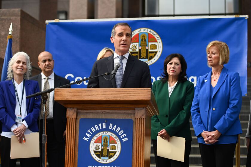 Los Angeles Mayor Eric Garcetti at a news conference
