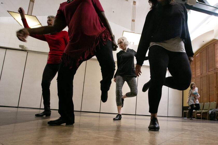 Pasadena CA., January 3, 2020: Nancy Sharrett, 78, Los Angeles, a member of The Tap Chicks enjoy practicing at Pasadena Senior Center on Friday, January 3, 2020 in Pasadena, California. (Jason Armond / Los Angeles Times)