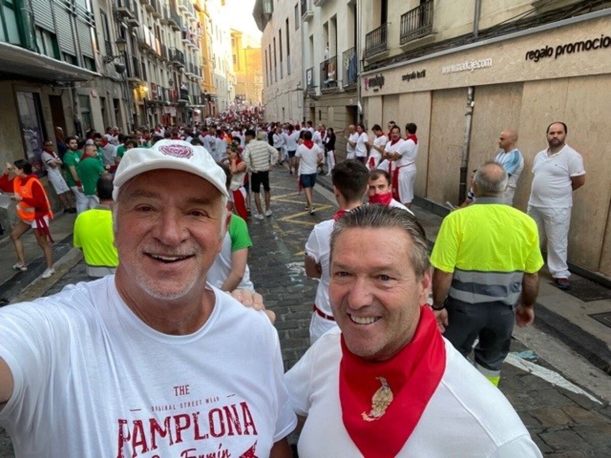 Skip Brauburger and Hal Streckert on the streets of Pamplona.