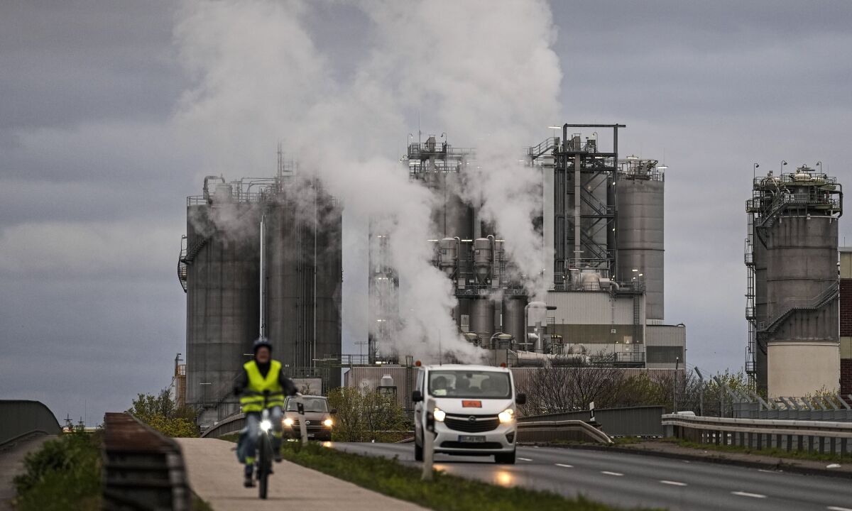 FILE - A view of Evonik chemical plant, in Wesseling, near Cologne, Germany, Wednesday, April 6, 2022. Germany’s employers and trade unions have joined together in opposing an immediate European Union ban on natural gas imports from Russia over its invasion of Ukraine. They say a ban on Russian gas would lead to factory shutdowns and the loss of jobs in Germany, the bloc's biggest economy. (AP Photo/Martin Meissner, File)