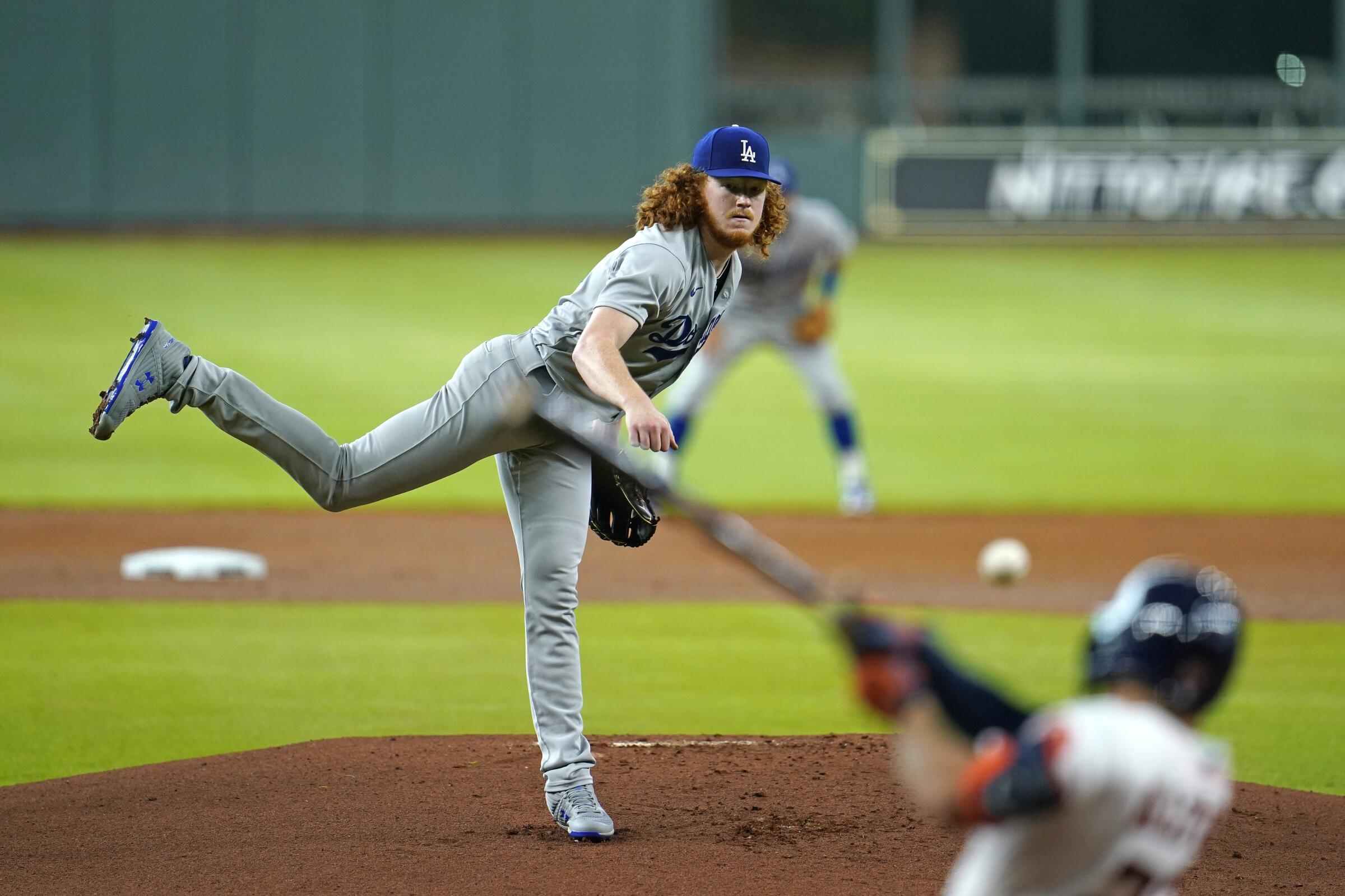 Dodgers pitcher Dustin May throws against the Houston Astros.