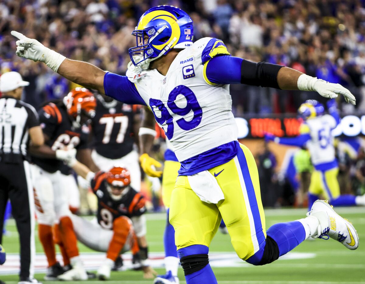 Rams defensive end Aaron Donald celebrates a sack during Super Bowl LVI.
