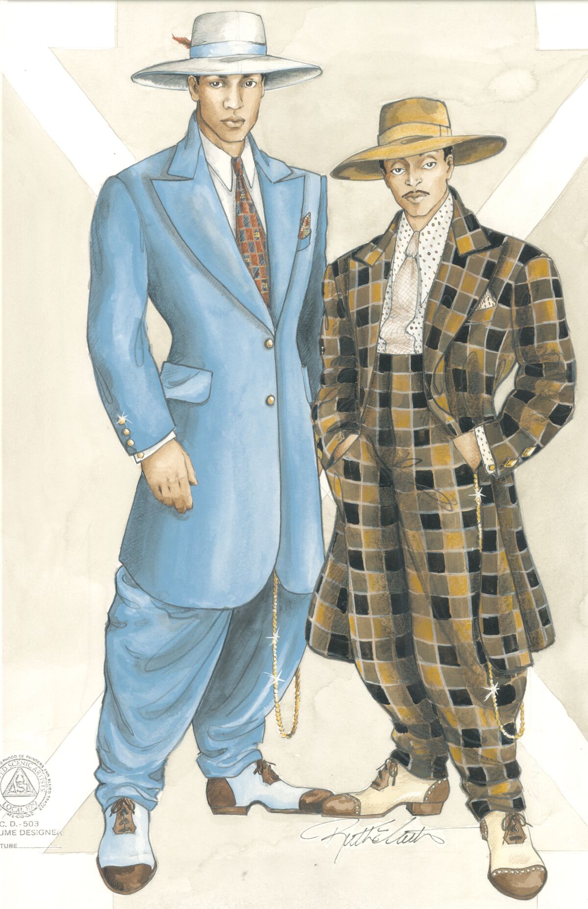 رسم تخطيطي للأزياء التي يرتديها مالكولم إكس (دينزل واشنطن) وشورتي (سبايك لي) في الفيلم "مالكولم إكس."