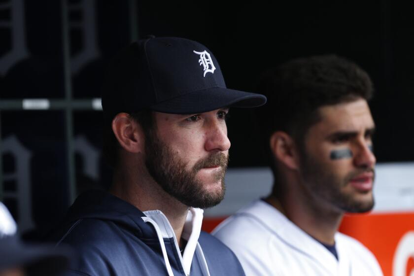 Detroit pitcher Justin Verlander looks on from the dugout during a game against the Cleveland Indians on April 26.