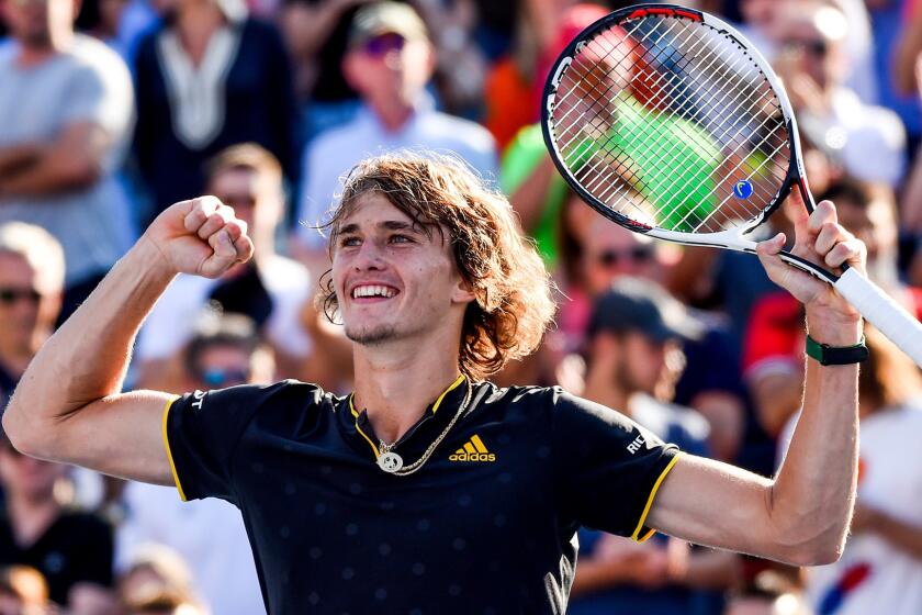 MONTREAL, QC - AUGUST 13: Alexander Zverev of Germany reacts after defeating Roger Federer of Switzerland 6-3, 6-4 in the final during day ten of the Rogers Cup presented by National Bank at Uniprix Stadium on August 13, 2017 in Montreal, Quebec, Canada. (Photo by Minas Panagiotakis/Getty Images) ** OUTS - ELSENT, FPG, CM - OUTS * NM, PH, VA if sourced by CT, LA or MoD **