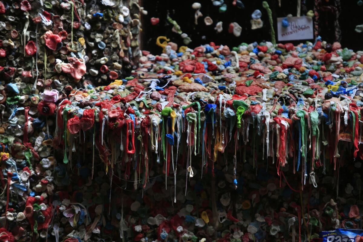 SEATTLE, WASHINGTON., AUGUST 24, 2014: The Market Theater gum wall in Post Alley has become a popular tourist stop at Pike Place Market in Seattle. The brick walls in the alley are covered with chewing gum several inches thick with, some artfully placed and shaped, others now forming gooey stalactites August 24, 2014(Mark Boster / Los Angeles Times ).