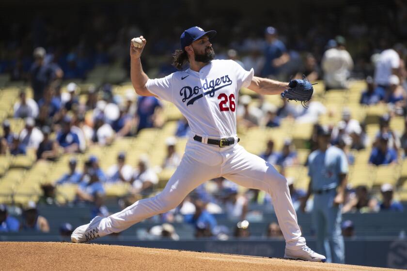 Los Angeles Dodgers starting pitcher Tony Gonsolin (26) delivers a pitch during the first inning of a baseball game against the Toronto Blue Jays in Los Angeles, Wednesday, July 26, 2023. (AP Photo/Kyusung Gong)
