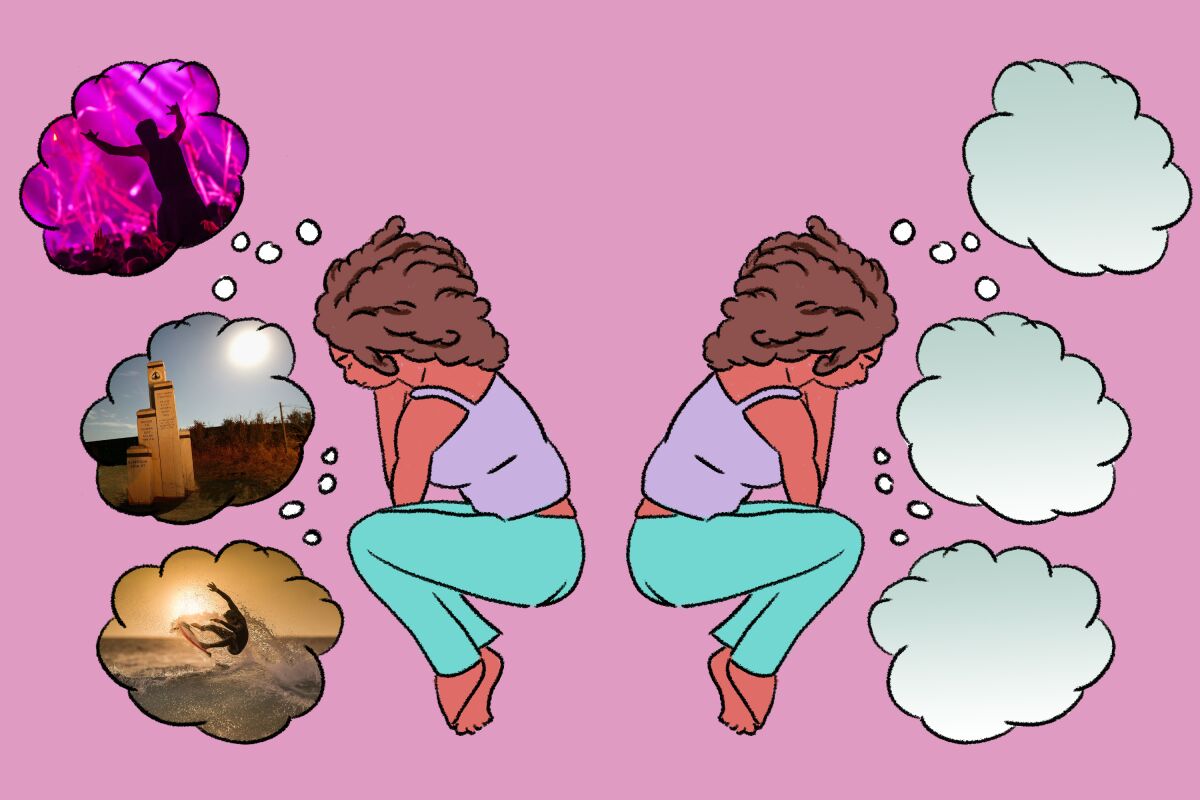 Illustration showing one woman dreaming of vacations and the other without any dreams about upcoming trips