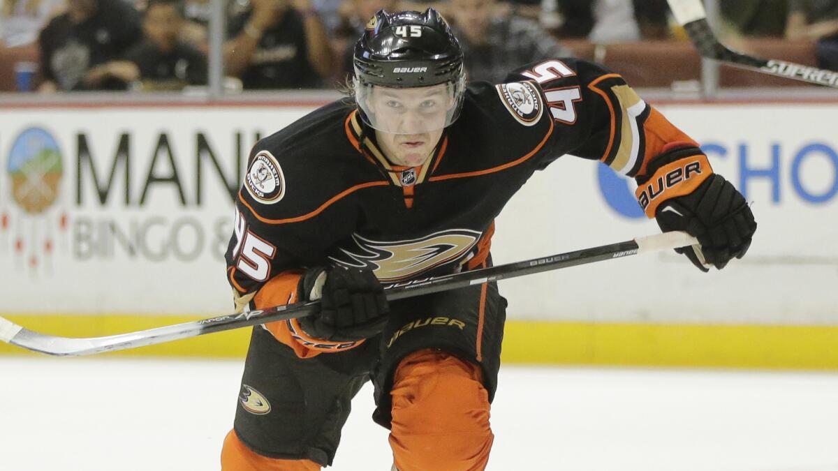 Ducks defenseman Sami Vatanen chases after the puck during the second period of the team's 3-0 win over the St. Louis Blues on Sunday.