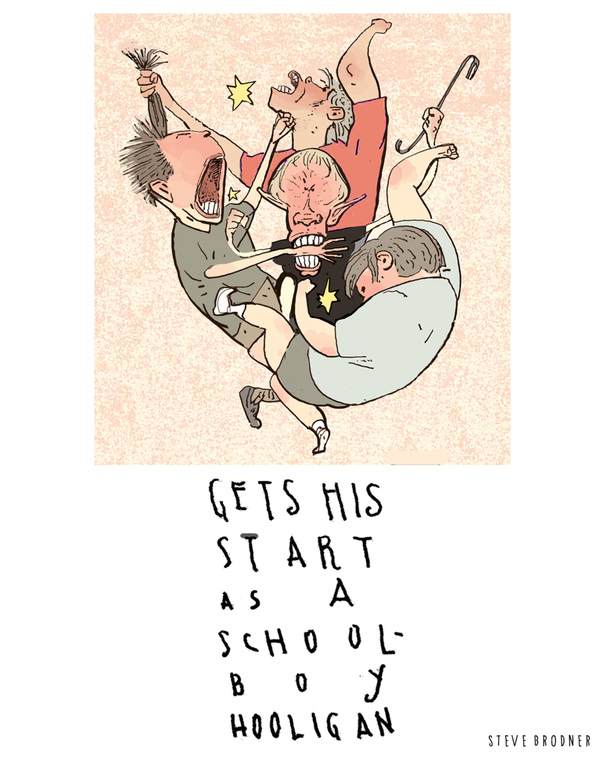 Political cartoon illustration of boys fighting. Text: "Gets his start as a schoolboy"