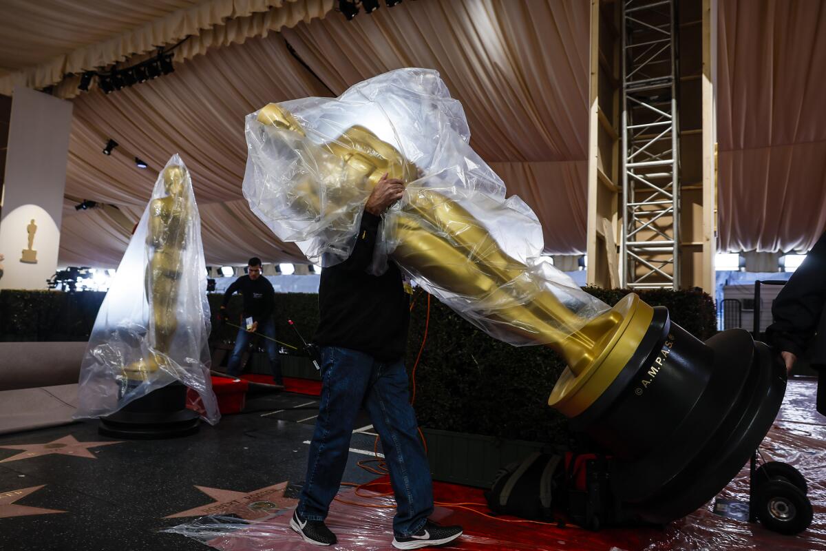 Final preparations continue for the Academy Awards ceremony in and around Dolby Theater. 