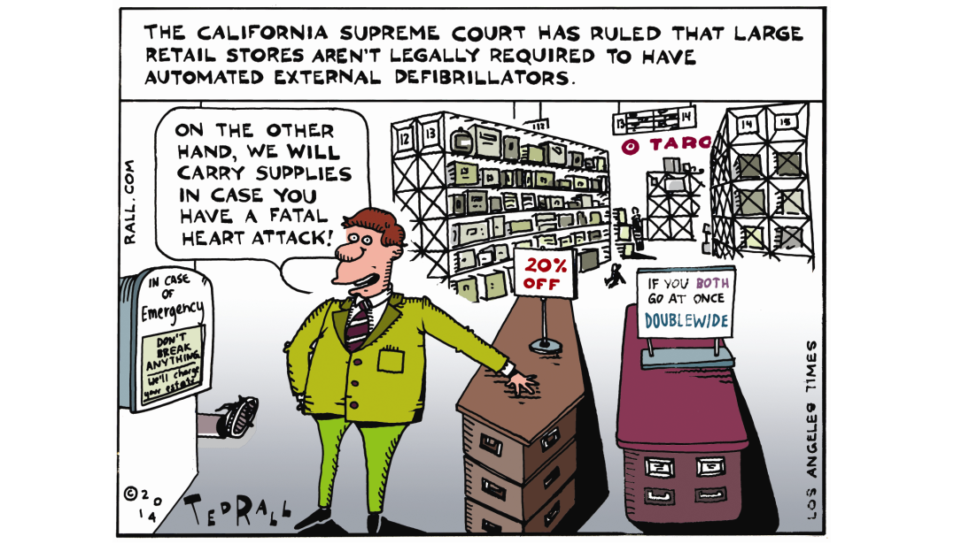 On the California Supreme Court ruling that big box stores in the state don't have to keep automated external defibrillators ...