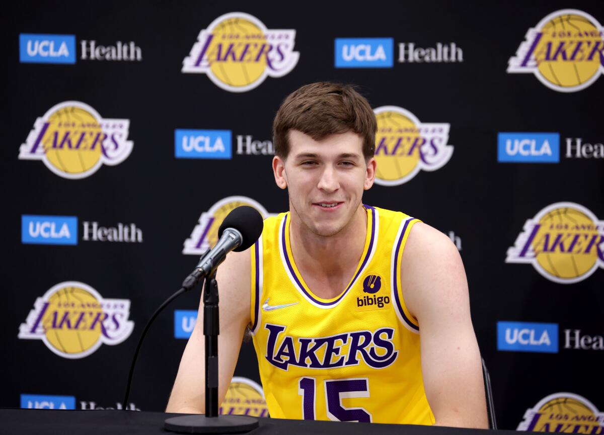 Rookie Austin Reaves speaks to reporters during Lakers media day Sept. 28 in El Segundo.