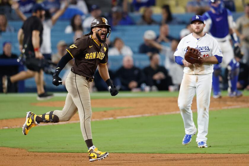 LOS ANGELES, CALIFORNIA - OCTOBER 06: Fernando Tatis Jr. #23 of the San Diego Padres.