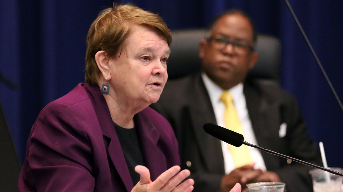 L.A. County Supervisor Sheila Kuehl, left, speaks as Supervisor Mark Ridley-Thomas listens during a 2015 meeting.