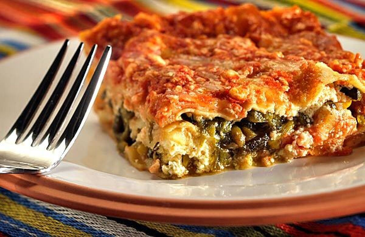 Poblano chile strips and onions are the "meat" in Mexican lasagna.