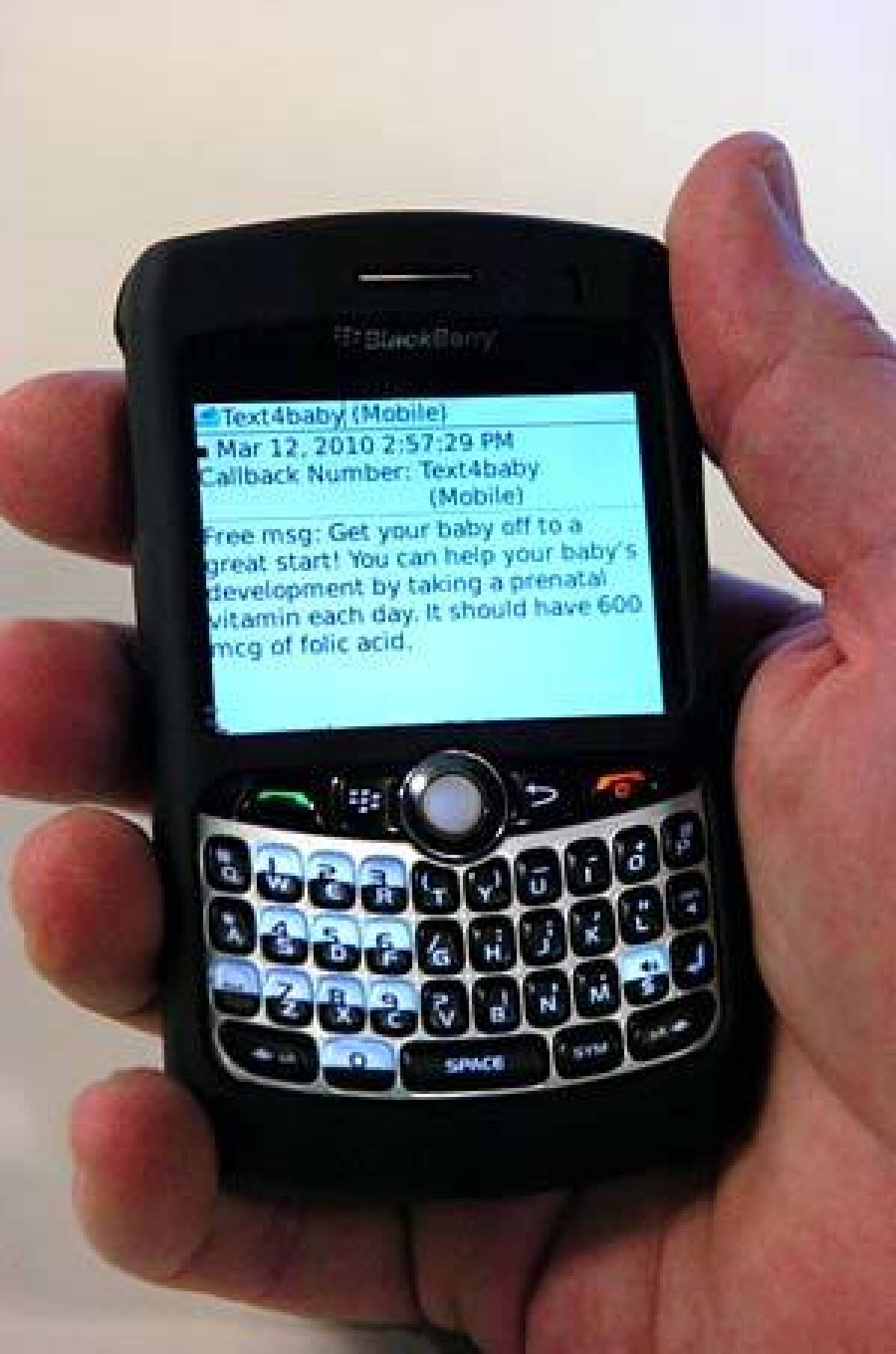 BABY TALK: A text message on a BlackBerry from text4baby offers advice to pregnant women.
