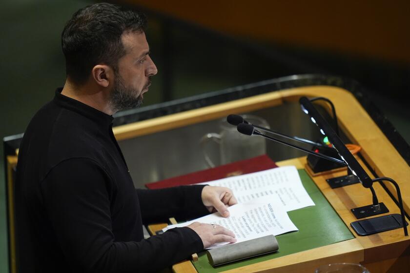 Ukraine President Volodymyr Zelenskyy addresses the 79th session of the United Nations General Assembly, Wednesday, Sept. 25, 2024, at UN headquarters. (AP Photo/Julia Demaree Nikhinson)