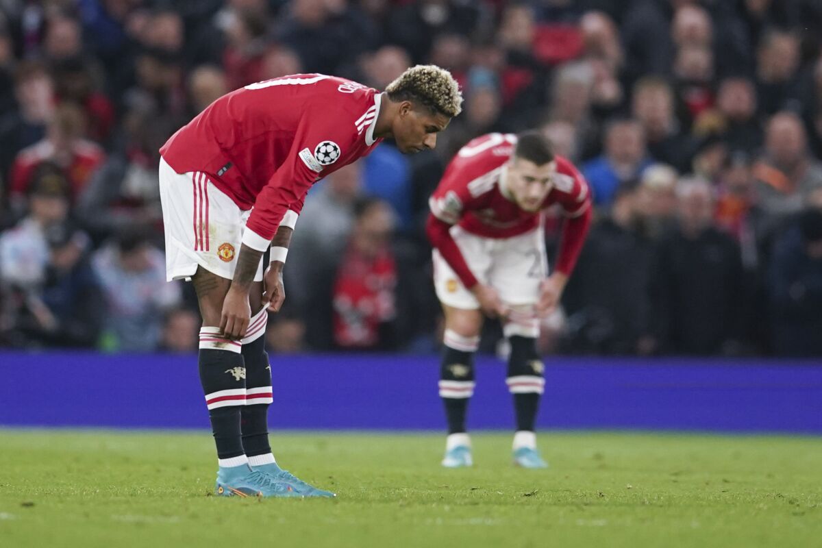 Manchester United's Marcus Rashford reacts during the Champions League round of 16, second leg soccer match between Manchester United and Atletico Madrid at Old Trafford, Manchester, England, Tuesday, March 15, 2022. (AP Photo/Dave Thompson)