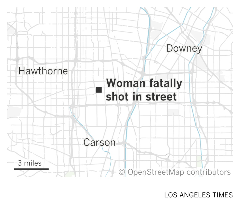 A map of the southeast L.A. area showing where a woman was found fatally shot in a street in Compton