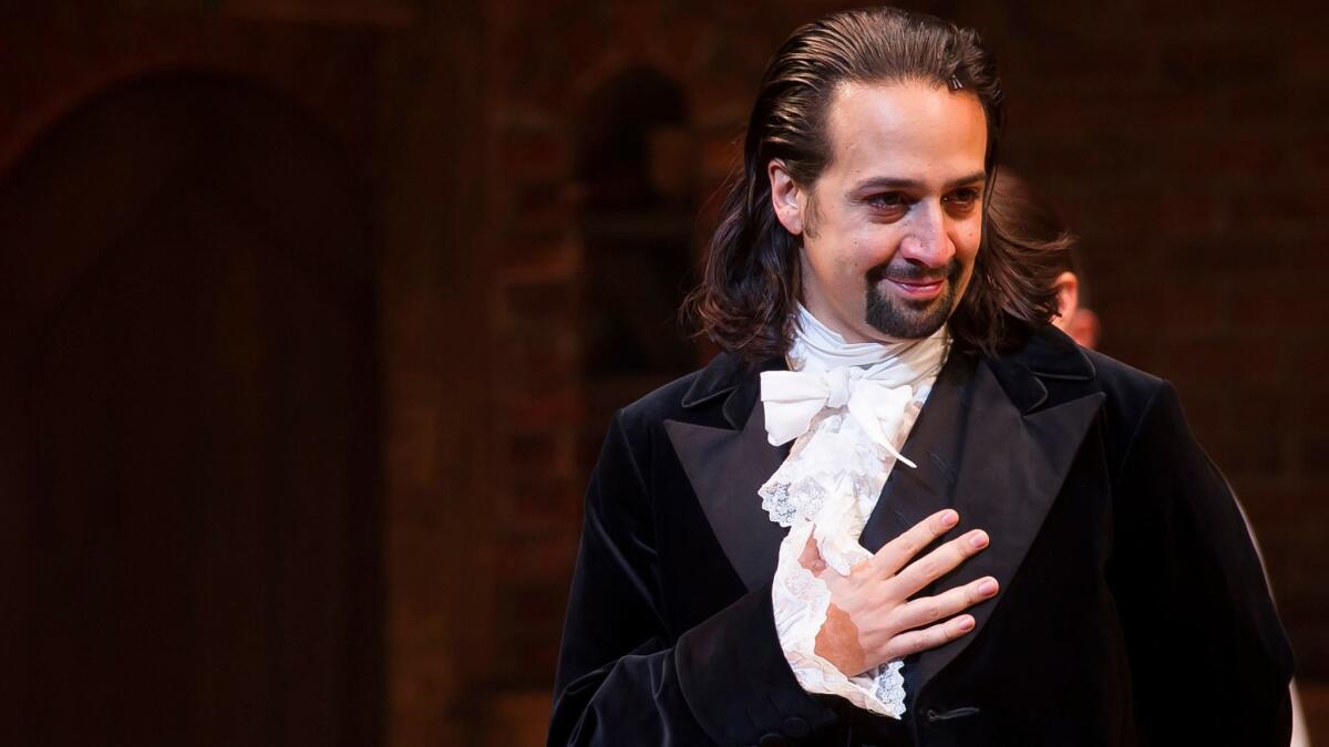 Lin-Manuel Miranda at curtain call for the opening night of "Hamilton" at the Richard Rodgers Theatre in 2015.