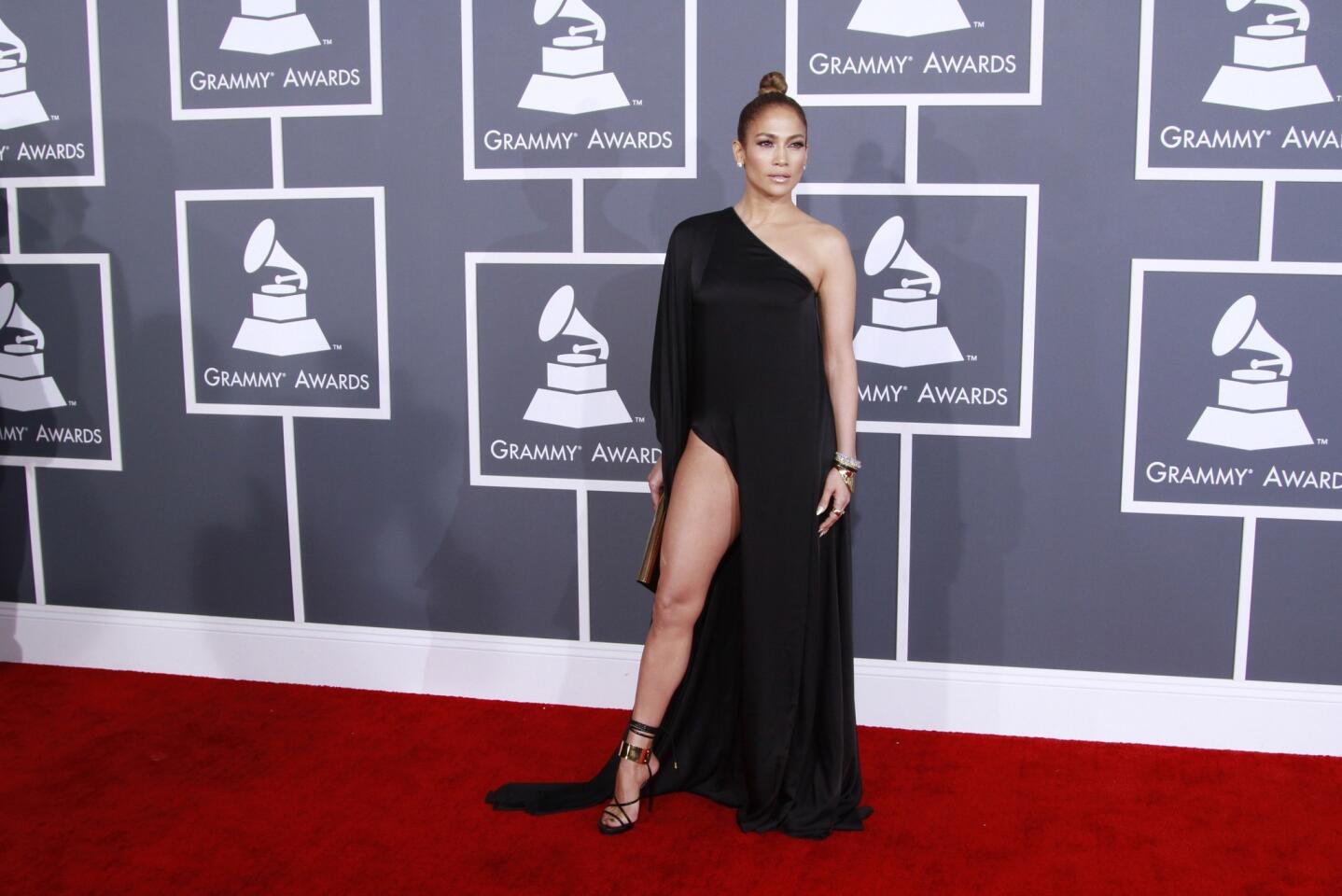 Before the 2013 Grammys, CBS sent out a memo admonishing attendees to not bare too much skin: anything that was down to here and up to there. Repeat offender J.Lo, wearing an Anthony Vaccarello gown, said she got the memo but told E!, "They didn't say anything about leg."