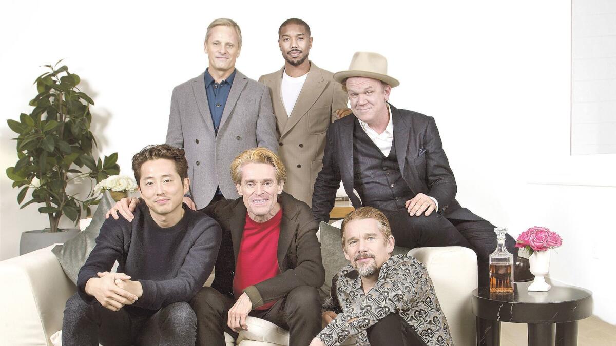 From left to right top row, Viggo Mortensen, Michael B. Jordan, John C Reilly. Bottom row: Steven Yeun, Willem Dafoe and Ethan Hawke gather for the actors roundtable.