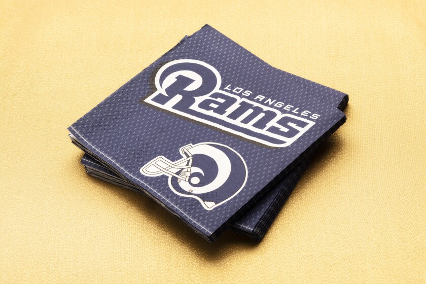 Los Angeles Rams-themed Super Bowl LIII napkins from Party City.