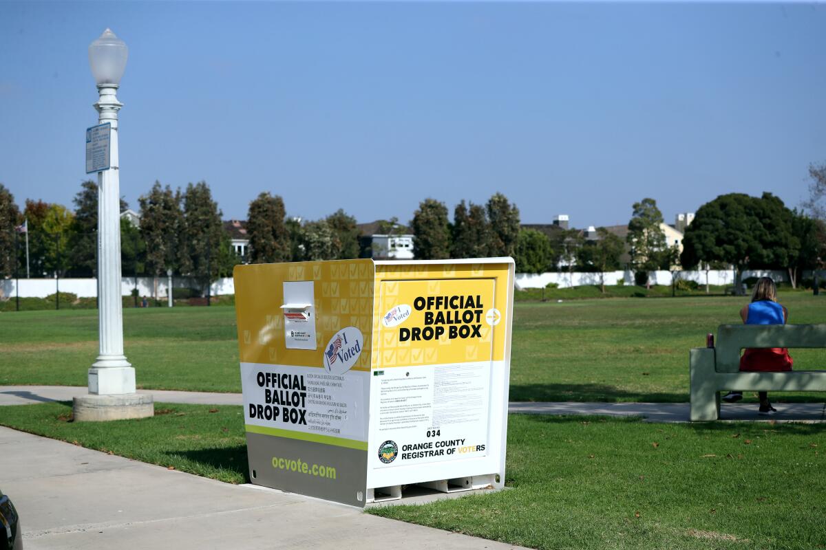 An official ballot drop box at Bob Henry Park in Newport Beach.