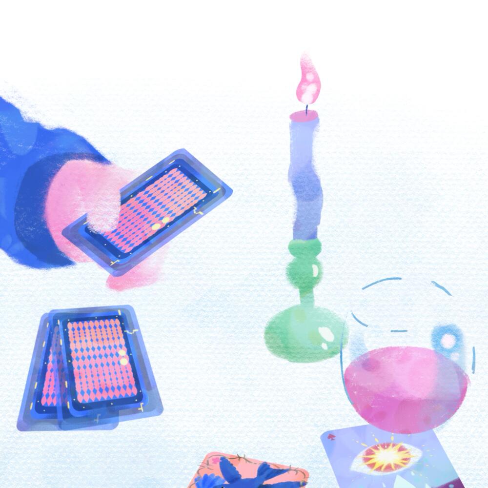 Illustration of a hand playing cards, a candle and wine glass 