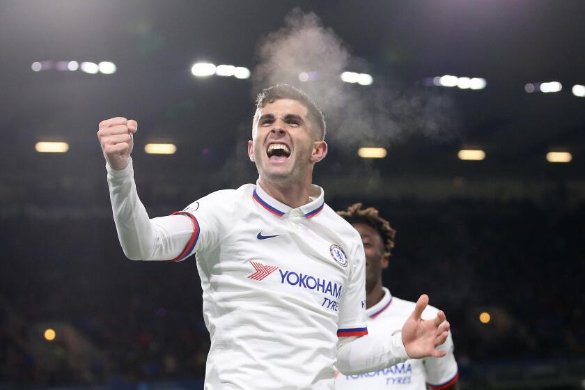 BURNLEY, ENGLAND - OCTOBER 26: Christian Pulisic of Chelsea celebrates after scoring his team's third goal during the Premier League match between Burnley FC and Chelsea FC at Turf Moor on October 26, 2019 in Burnley, United Kingdom. (Photo by Jan Kruger/Getty Images)