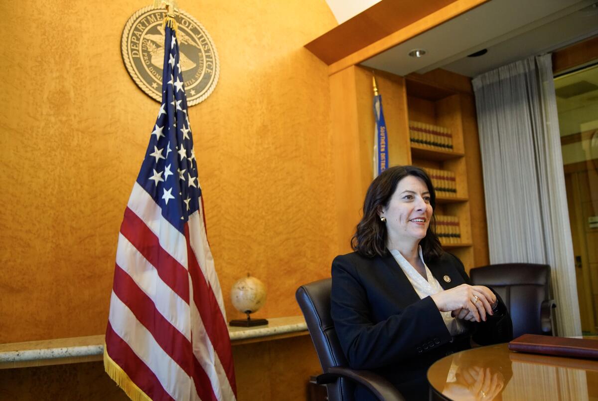 U.S. Attorney Tara McGrath sits for an interview April 16 at U.S. Attorney's Office in downtown San Diego.