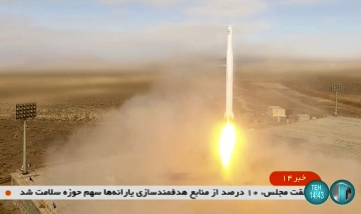 This image taken from video footage aired by Iranian state television on Tuesday, March 8, 2022, shows the launch of a rocket by Iran's Revolutionary Guard carrying a Noor-2 satellite in northeastern Shahroud Desert, Iran. Iran launched the reconnaissance satellite just as world powers awaited Tehran's decision in negotiations over the country's tattered nuclear deal. (Iranian state television via AP)