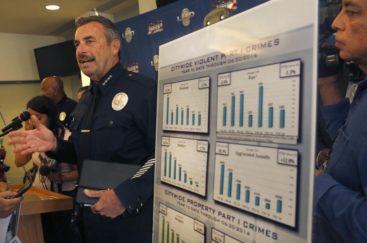 LAPD Chief Charlie Beck addresses a July 2013 news conference where he and Los Angeles Mayor Eric Garcetti announced midyear crime statistics.